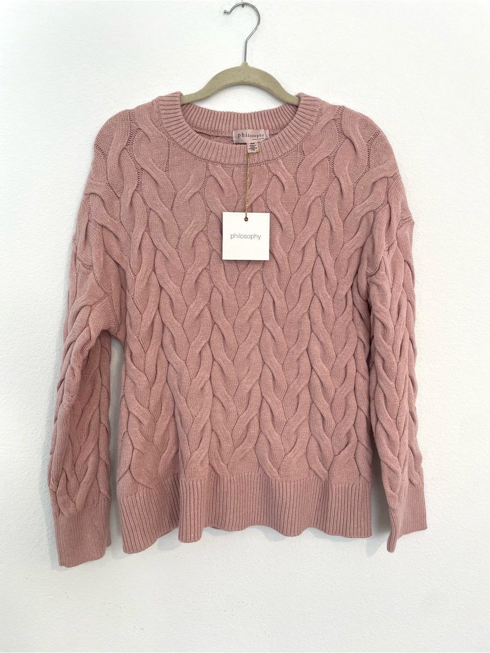 Philosophy Cable Knit Crewneck Sweater Women's M Blush Pink
